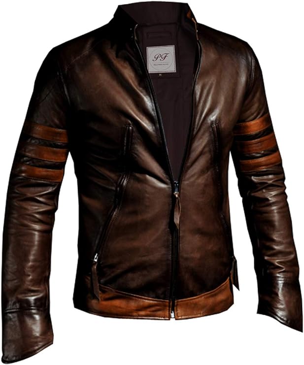 Stylish brown leather jacket with light brown stripes, adding a touch of elegance and flair to your look.