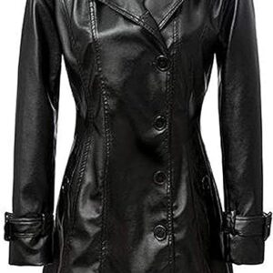 Sophisticated women's faux leather trench coat, offering timeless style and modern elegance for any occasion.