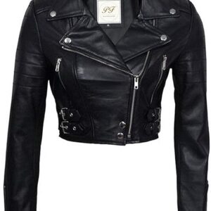 Stylish women's cropped moto jacket, blending edgy design with chic sophistication for a modern look.