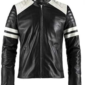 Sleek men's black faux leather biker jacket featuring a distinctive white stripe for added flair.