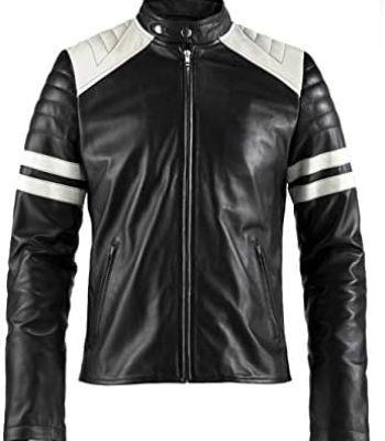 Men’s Black Faux Leather Biker Jacket with White Stripe