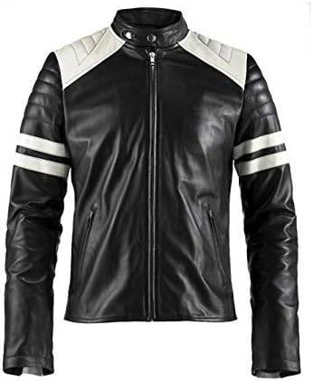 Men’s Black Faux Leather Biker Jacket with White Stripe