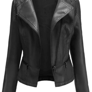 Women's leather motorcycle jacket with long sleeves, combining style and functionality for the perfect ride.