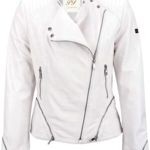 Fashion-forward women's white leather jacket, exuding elegance and modernity for a chic statement.