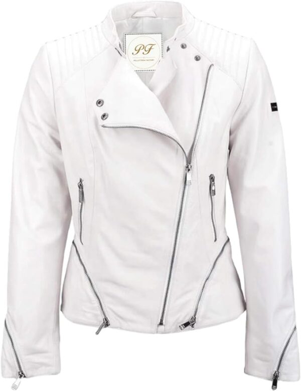 Fashion-forward women's white leather jacket, exuding elegance and modernity for a chic statement.