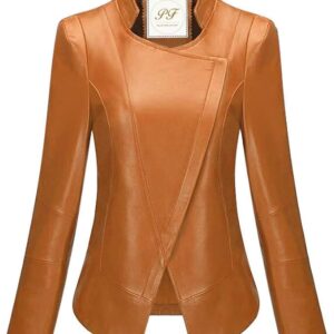 Sophisticated women's brown faux leather jacket with a timeless and classic design, perfect for versatile styling.