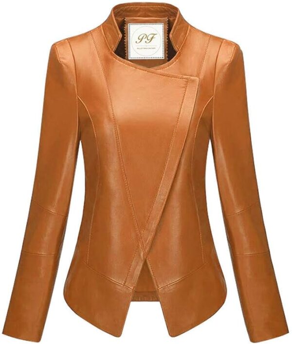 Sophisticated women's brown faux leather jacket with a timeless and classic design, perfect for versatile styling.