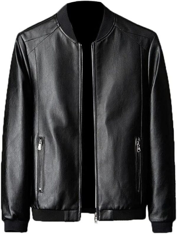 Exclusive men's black leather bomber jacket, epitomizing timeless style and sophistication for the modern gentleman.