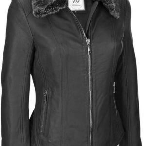 Stylish women's faux leather jacket with a cozy fur collar, blending fashion and warmth for the perfect winter look.