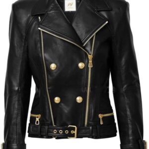 Stylish women's black faux leather jacket featuring striking gold zippers for a bold and glamorous touch.