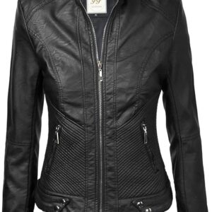 Sleek women's black biker leather jacket, exuding confidence and attitude for a bold and stylish statement.