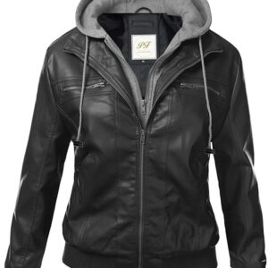 Glorious women's faux leather jackets featuring a stylish grey hood, combining fashion-forward design with practicality.