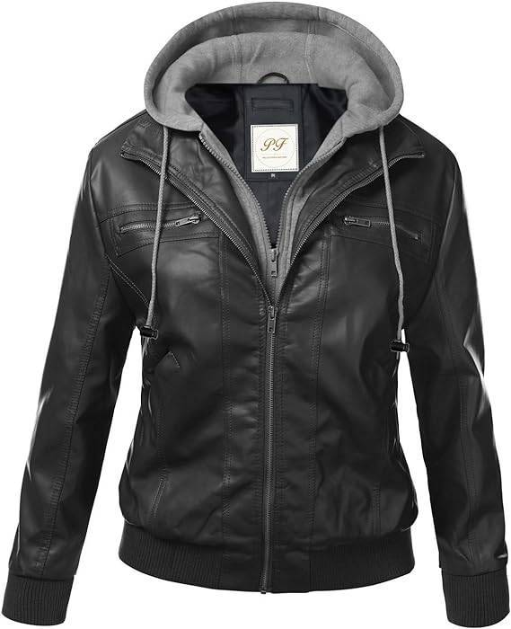 Glorious Women’s Faux Leather Jackets with Grey Hood