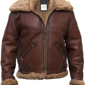 Classic shearling brown leather jacket for men, exuding rugged elegance and warmth for cold weather.