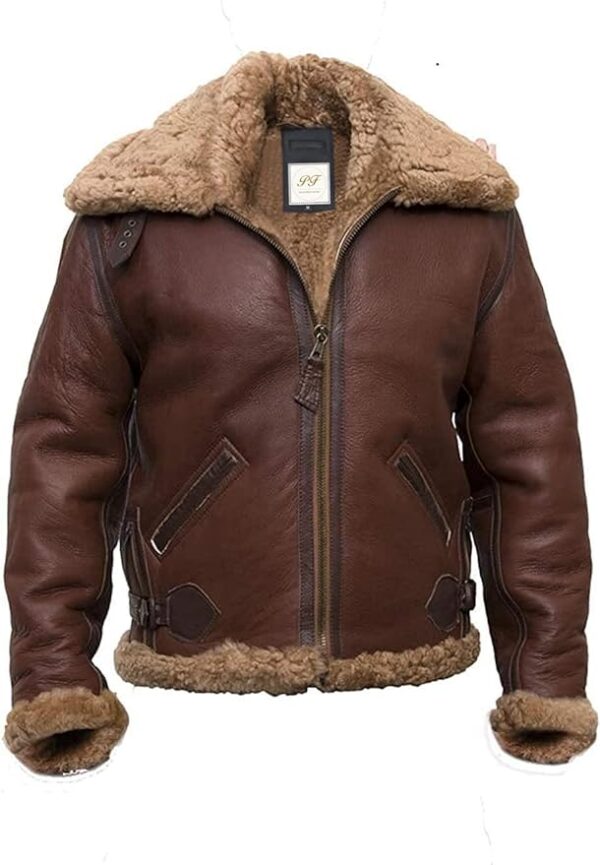 Classic shearling brown leather jacket for men, exuding rugged elegance and warmth for cold weather.