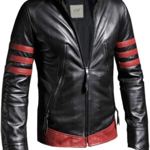 Elegant black leather jacket with stylish distressed finish and striking red stripes.