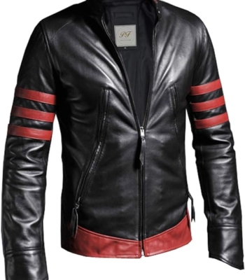 Classy Distressed Black Leather Jacket With Red Stripes