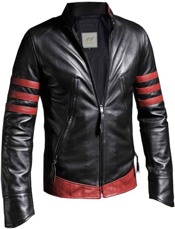 Classy Distressed Black Leather Jacket With Red Stripes