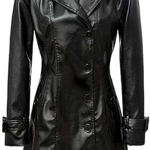 Sophisticated long faux leather coat tailored for women, blending style and warmth in a timeless design.