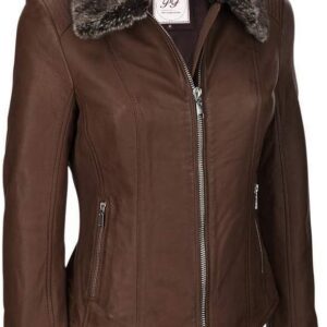 Luxurious women's leather jacket featuring a plush fur collar, epitomizing elegance and warmth.