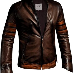 Stylish brown leather jacket with light brown stripes, adding a touch of elegance and flair to your look.