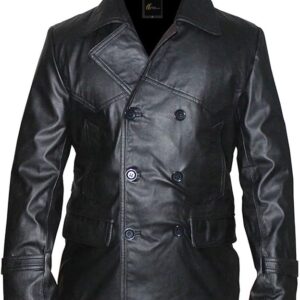 Sophisticated black leather trench coat for men, exuding timeless style and elegance.