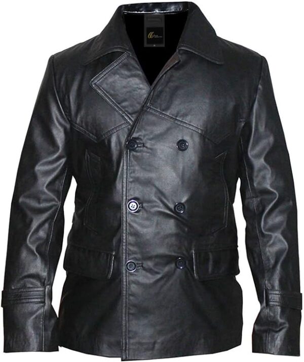 Sophisticated black leather trench coat for men, exuding timeless style and elegance.