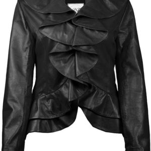 Stylish ruffled Bella black women's leather jacket, blending edgy flair with feminine elegance for a standout look.