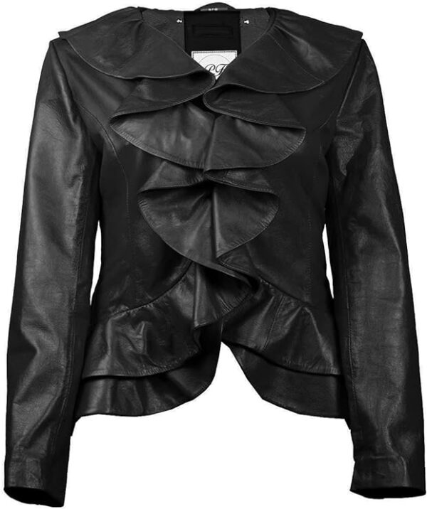 Stylish ruffled Bella black women's leather jacket, blending edgy flair with feminine elegance for a standout look.