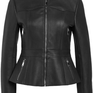 Sleek black slim fit leather jacket designed for women, featuring a stylish front zipper for a modern and flattering silhouette.