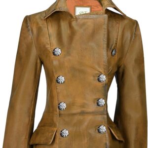 Elegant clay brown gothic leather trench coat, blending vintage charm with modern sophistication.