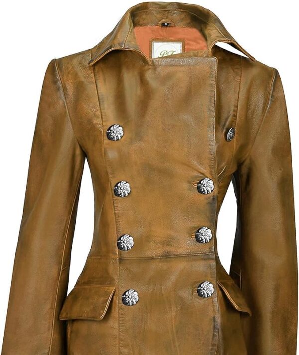 Elegant clay brown gothic leather trench coat, blending vintage charm with modern sophistication.