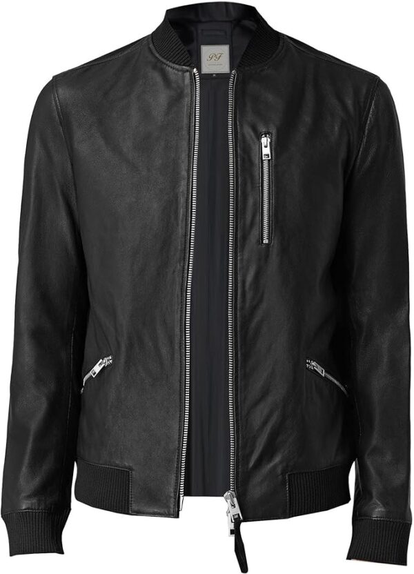 Classic black bomber leather jacket for men, embodying timeless style and rugged masculinity.