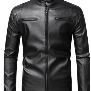 Stylish men's faux leather biker jacket, blending rugged appeal with urban sophistication for a versatile look.