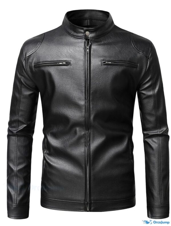 Stylish men's faux leather biker jacket, blending rugged appeal with urban sophistication for a versatile look.